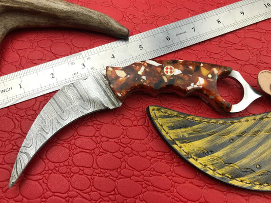 8" Hand Forged Damascus Karambit Knife Best Karambit Damascus Steel With Resin Handle