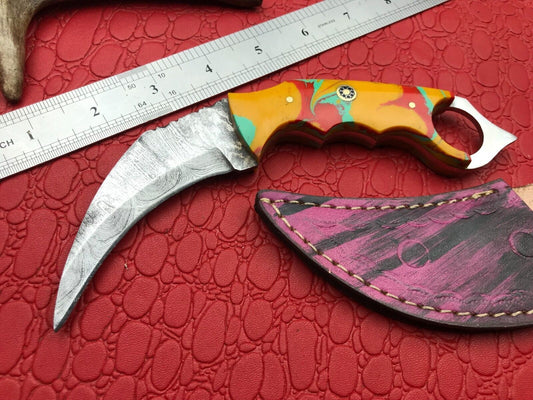 8" Hand Forged Damascus Karambit Knife Twist Karambit Damascus Steel With Resin Handle