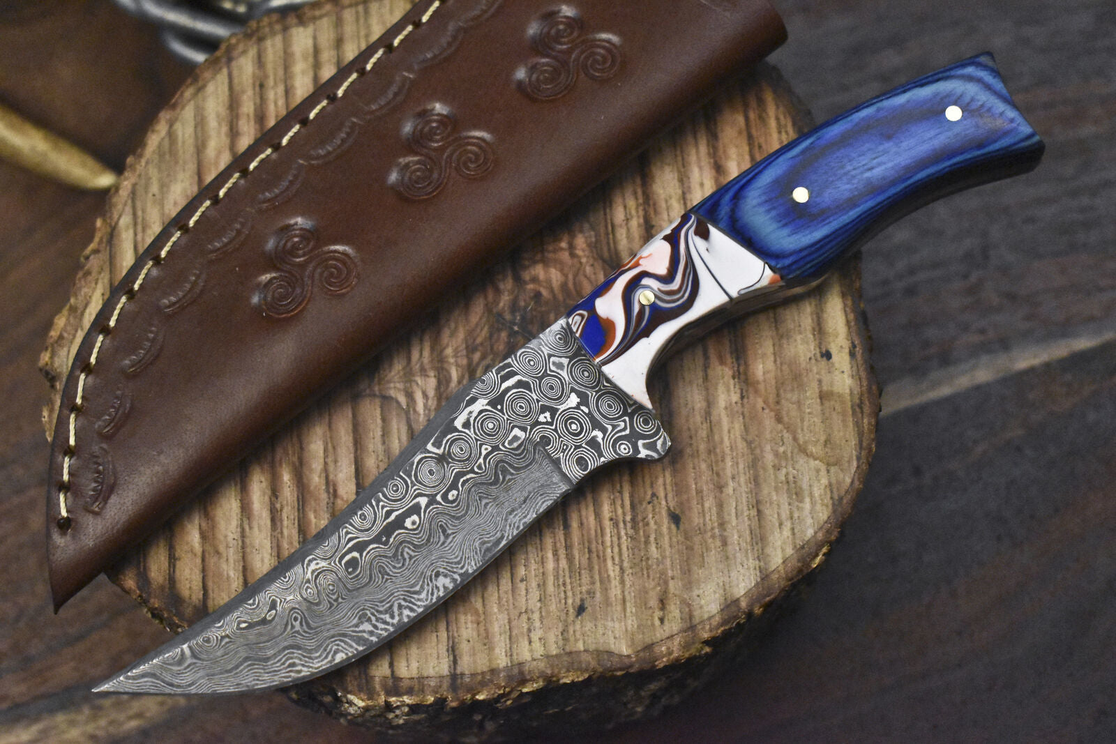 8" Hand Forged Damascus Skinner Knife Raindrop Blade Hardwood Handle Tactical EDC