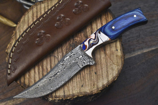 8" Hand Forged Damascus Skinner Knife Raindrop Blade Hardwood Handle Tactical EDC