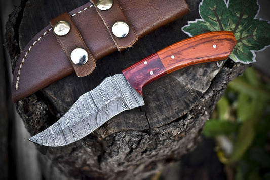 8" Hand Forged Damascus Skinner Knife with Twist Pattern and Hardwood Handle for Survival and Hunting