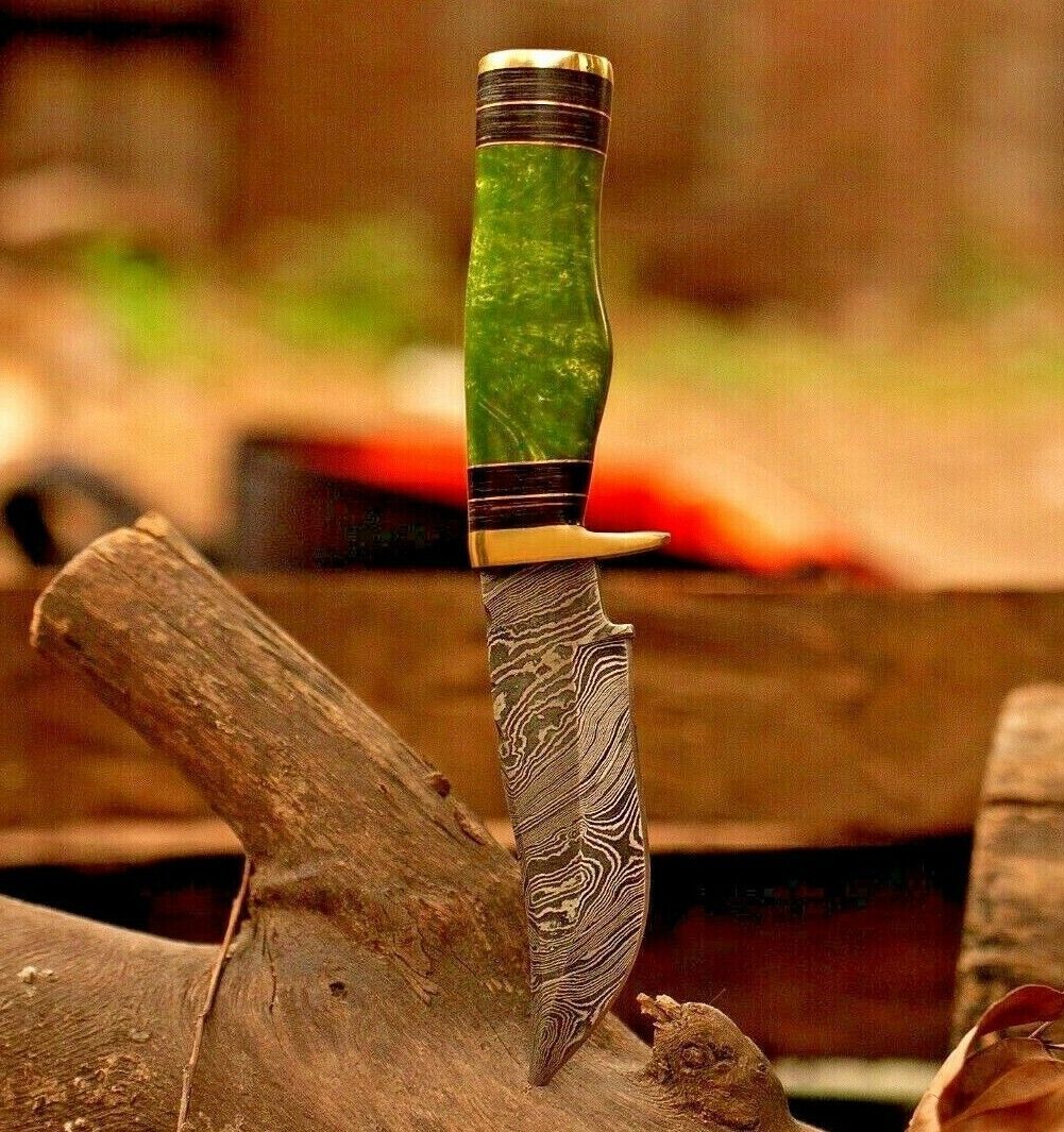 8" Hand Forged Damascus Steel Bowie Hunting Knife – Resin & Brass Guard