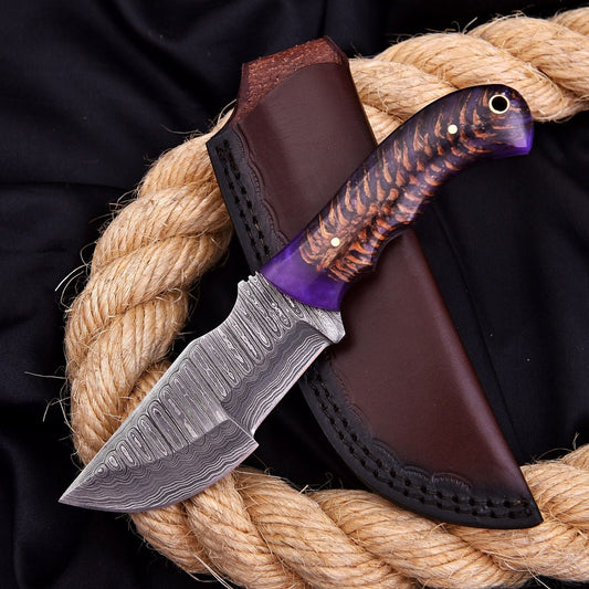 8" Hand Forged Damascus Steel Hunting Tracker Knife | Pine Cone Resin Handle & Leather Sheath