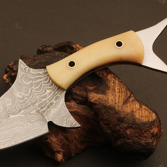 8" Hand Forged Rain Drop Damascus Steel Bowie Knife | Camel Bone Handle