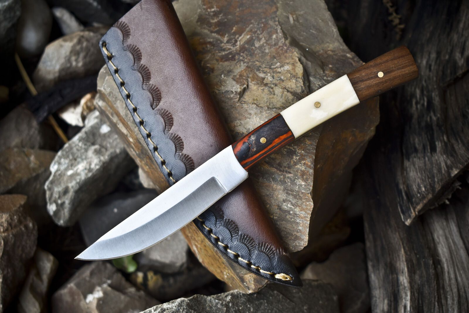 8" Hand Forged Skinner Knife | 440C Steel Blade | Mixed Material Handle with Wooden Bolster