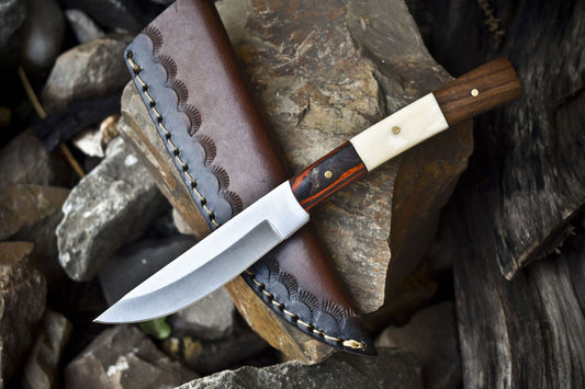 8" Hand Forged Skinner Knife | 440C Steel Blade | Mixed Material Handle with Wooden Bolster