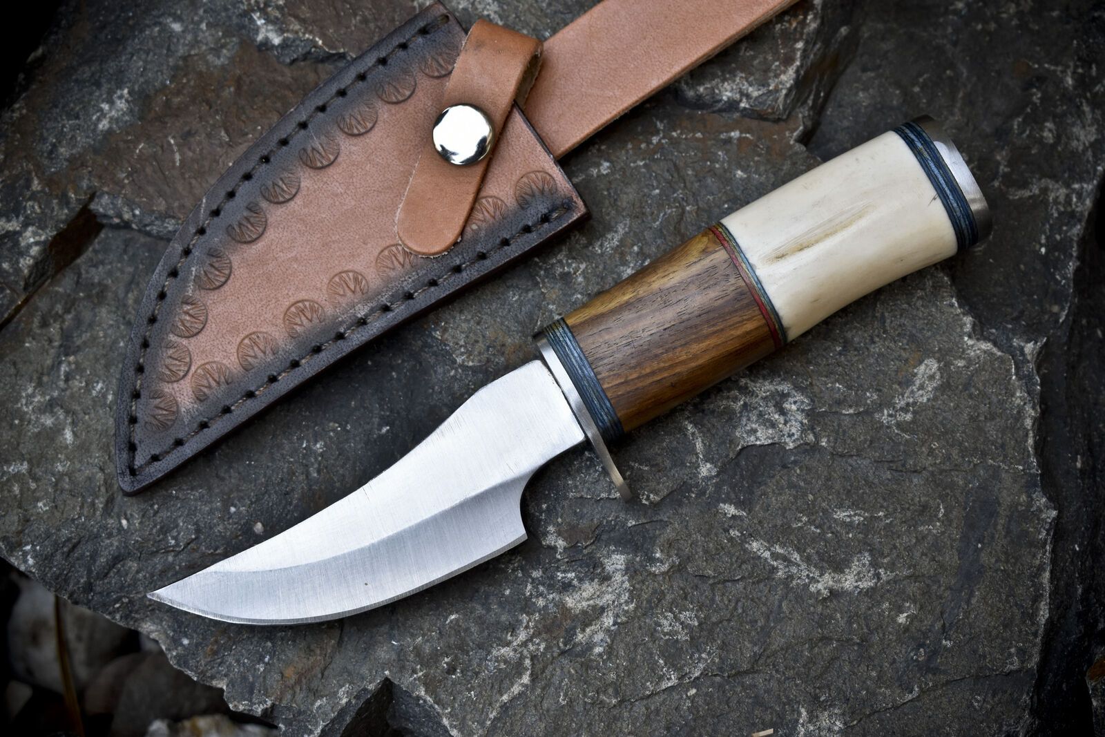 8" Hand Forged Skinner Knife | AUS-8 Steel Blade | Bone & Wood Handle with Steel Guard