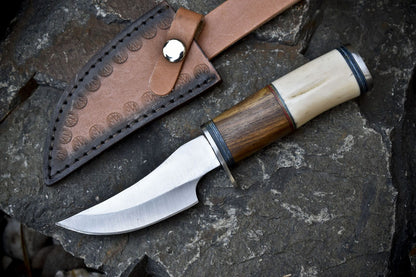 8" Hand Forged Skinner Knife | AUS-8 Steel Blade | Bone & Wood Handle with Steel Guard