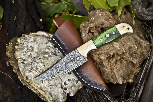 8" Hand Forged Skinner Knife Twist Damascus Hardwood Handle with Sheath