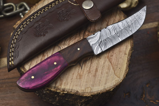 8" Hand Forged Twist Damascus Skinner Knife with Hard Wood Handle – Hunting Blade