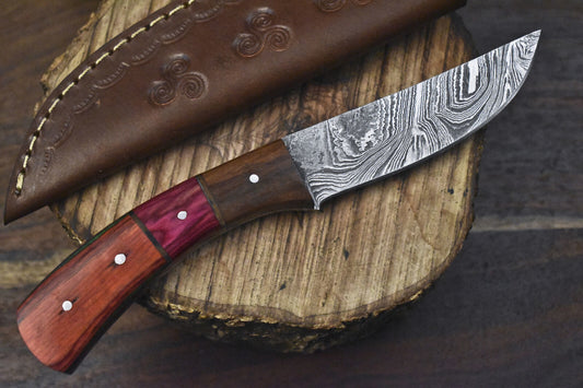8" Handcrafted Twist Damascus Skinner Knife Hardwood Handle Wooden Bolster Gift