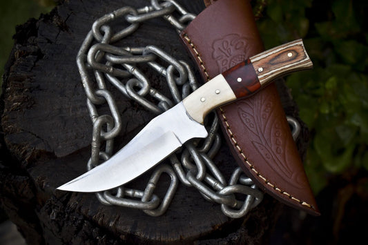 8" Handmade AUS-8 Steel Skinner Knife – Mixed Material Handle with Leather Sheath
