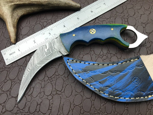 8" Handmade Best Damascus Karambit Custom Damascus Steel Karambit Knife with Resin Handle