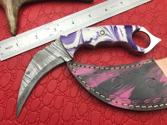 8" Handmade Best Damascus Karambit Damascus Steel Hunting Knife With Resin Handle