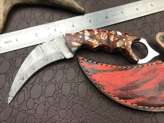 8" Handmade Best Damascus Karambit Damascus Steel Karambit Knife with Resin Handle