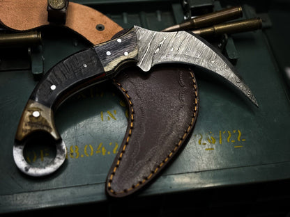 8" Handmade Best Karambit Damascus Steel Karambit with Horn Handle and  Sheath