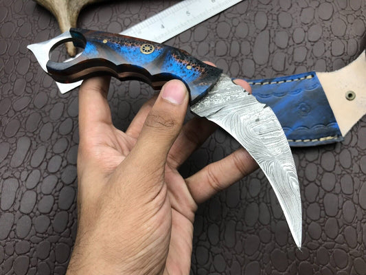 8" Handmade Best Karambit Knife Full Tang Damascus Steel Karambit with Resin Handle