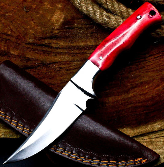 8" Handmade D2 Steel Skinner Knife | Camel Bone Handle Full Tang Hunting EDC + Sheath