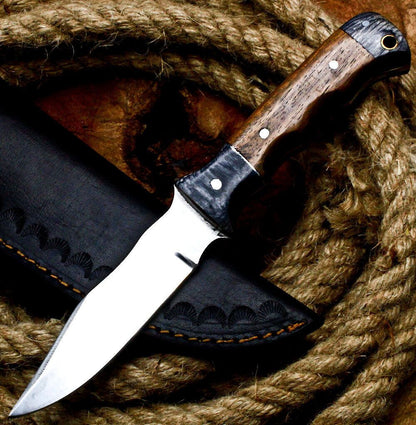 8" Handmade D2 Steel Skinner Knife | Walnut Wood Handle Full Tang Hunting EDC + Sheath