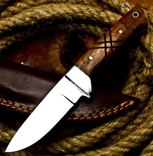8" Handmade D2 Steel Skinner Knife | Wood Handle Full Tang Hunting EDC + Sheath