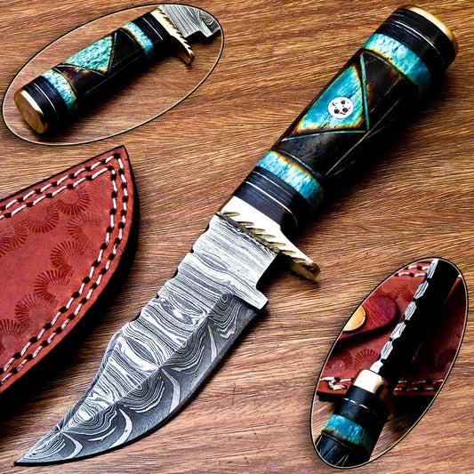 8" Handmade Damascus Bowie Knife – Camel Bone & Hardwood Handle