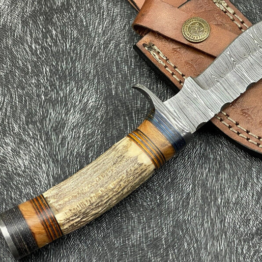 8" Handmade Damascus Bowie Knife – Stag Horn & Hardwood Handle with Sheath