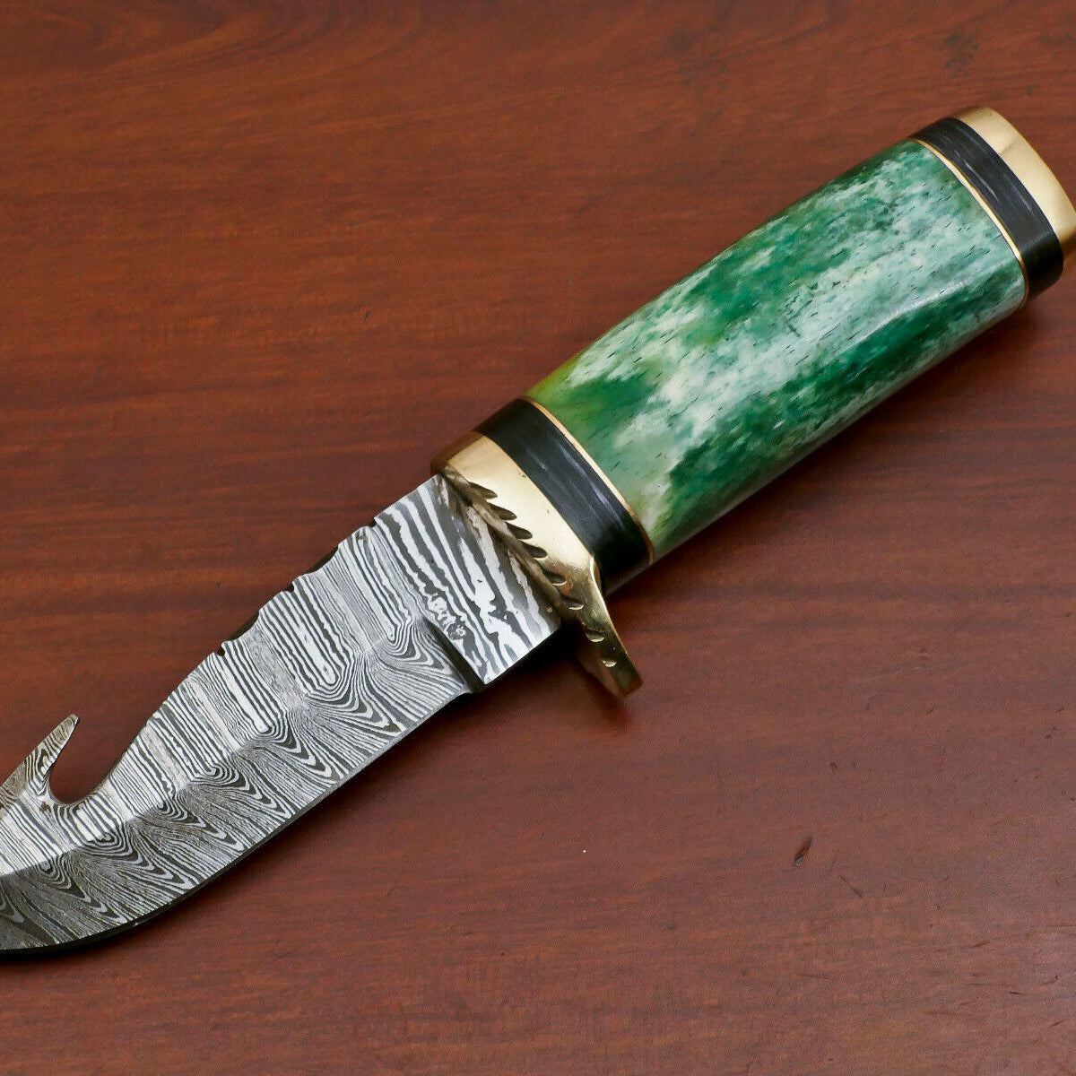 8" Handmade Damascus Gut Hook Hunting Knife | Stained Camel Bone & Pakka Wood Handle
