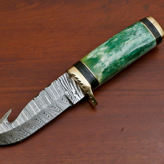 8" Handmade Damascus Gut Hook Hunting Knife | Stained Camel Bone & Pakka Wood Handle