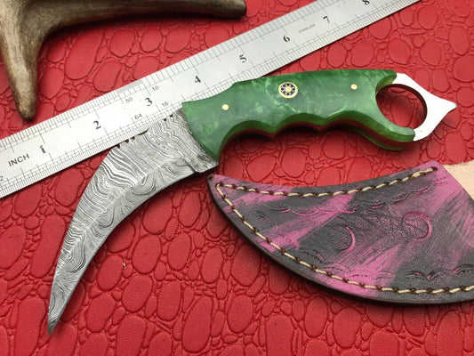 8" Handmade Damascus Karambit Best Karambit Damascus Steel Hunting Knife With Resin Handle