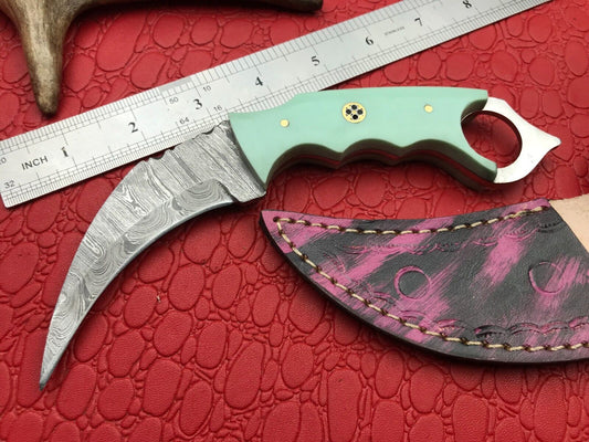 8" Handmade Damascus Karambit Damascus Steel Hunting Knife With Resin Handle