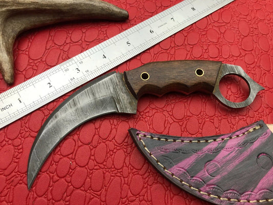 8" Handmade Damascus Karambit Damascus Steel Hunting Knife With Wood Handle