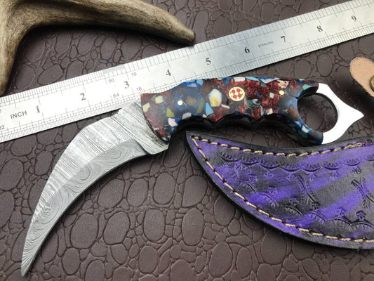 8" Handmade Damascus Karambit Full Tang Damascus Steel Karambit Knife with Resin Handle