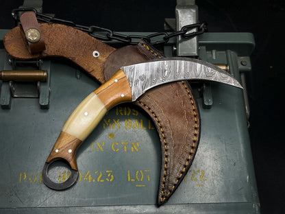 8” Handmade Damascus Karambit Knife Damascus Steel Karambit with Wood and Bone Handle 
