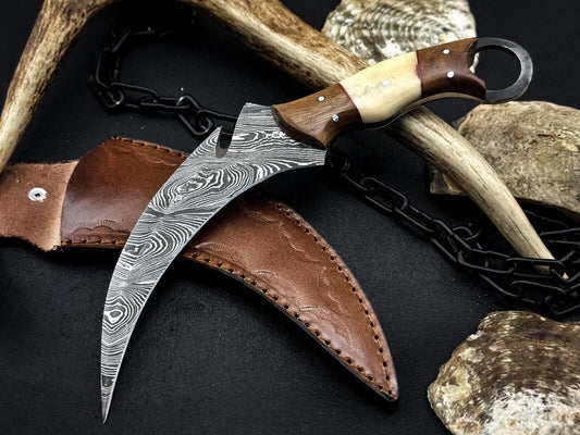 8" Handmade Damascus Karambit Knife Damascus Steel Knife with Bone and Wood Handle
