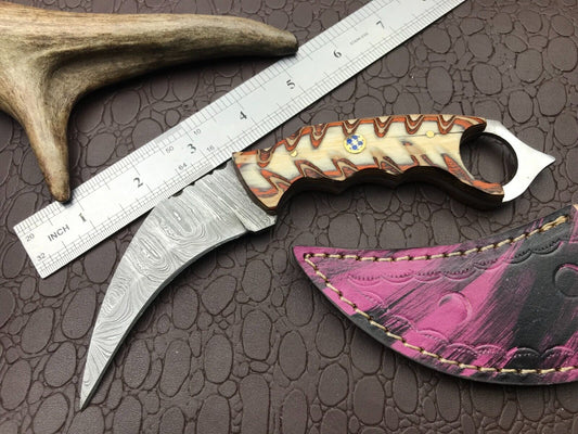 8" Handmade Damascus Karambit Knife Full Tang Damascus Steel Karambit with Wood Handle
