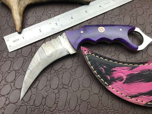 8" Handmade Damascus Karambit Twist Karambit Damascus Steel Hunting Knife With Resin Handle