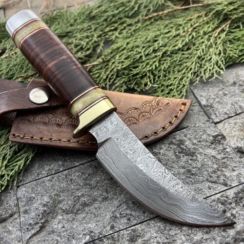 8" Handmade Damascus Mini Bushcraft Bowie Knife – Leather Handle with Sheath