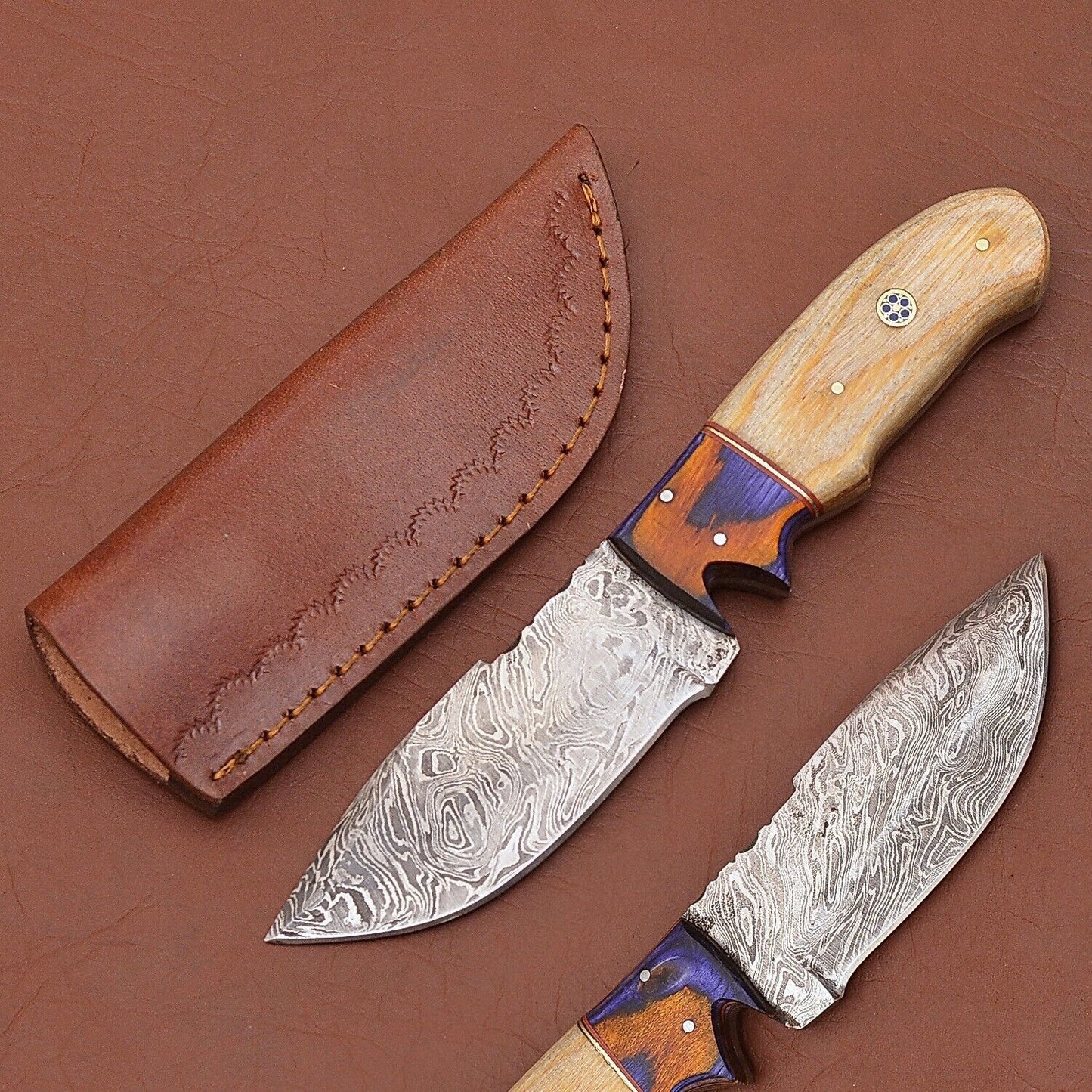 8" Handmade Damascus Skinner Knife with Wood Handle for Hunting and Camping