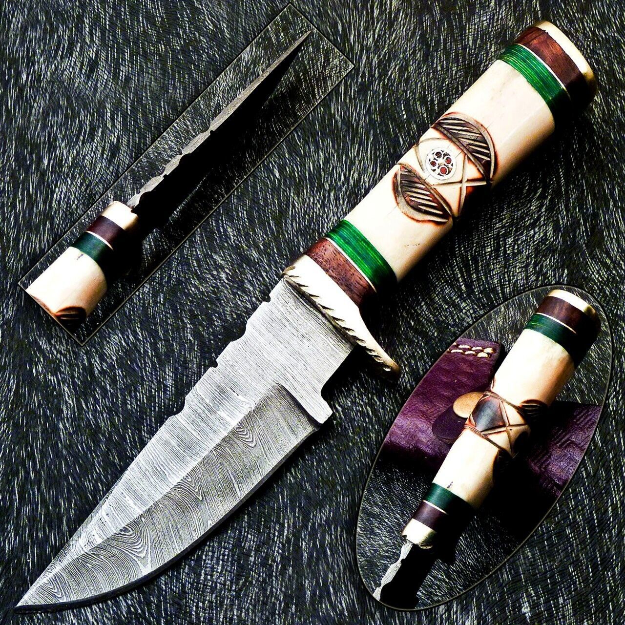 8" Handmade Damascus Steel Bowie Knife with Camel Bone & Hardwood Handle