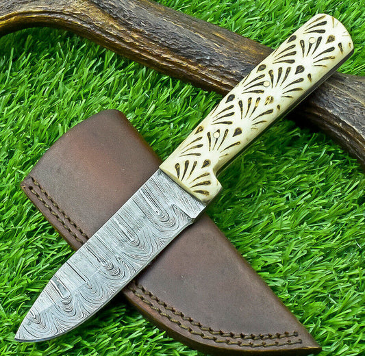 8" Handmade Damascus Steel Hunting Knife – Fixed Blade with Bone Handle
