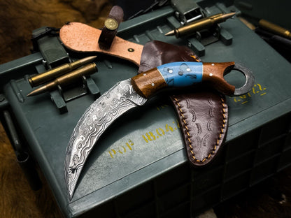 8"Handmade Damascus Steel Karambit Knife Best Hunting Knife with Wood and Resin Handle