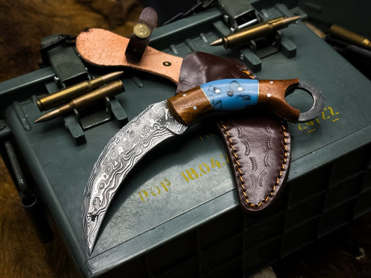 8"Handmade Damascus Steel Karambit Knife Best Hunting Knife with Wood and Resin Handle