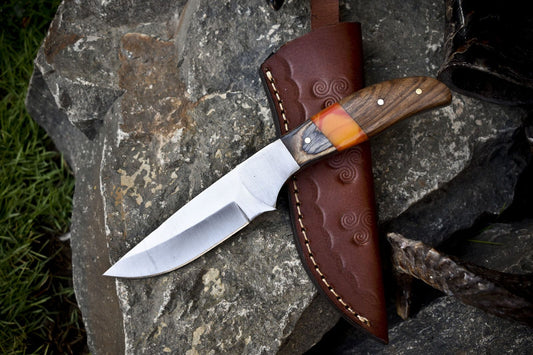 8" Handmade Skinner Knife | AUS-8 Steel Blade | Mixed Material Handle with Steel Bolster