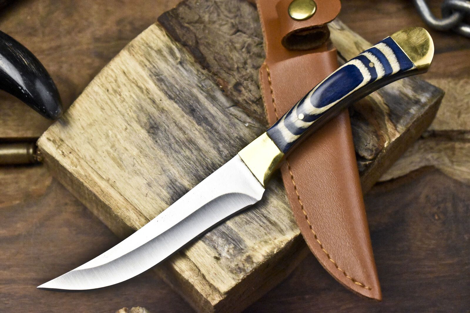 8" Handmade Skinner Knife AUS-8 Steel Hard Wood Handle Brass Bolster with Leather Sheath Survival
