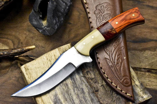 8" Handmade Skinner Knife AUS-8 Steel Mixed Material Handle with Leather Sheath