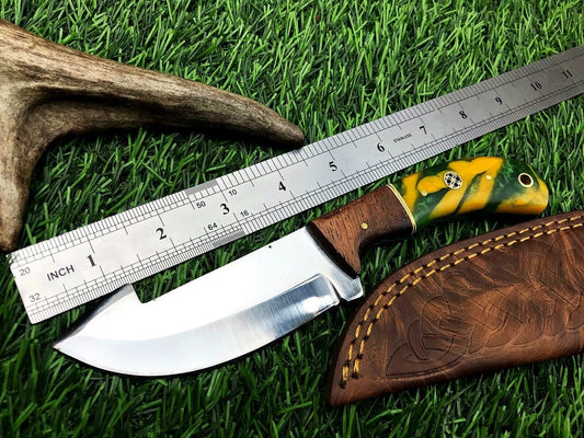8" Handmade Stainless Steel Skinner Hunting Knife with Wood Handle & Leather Sheath