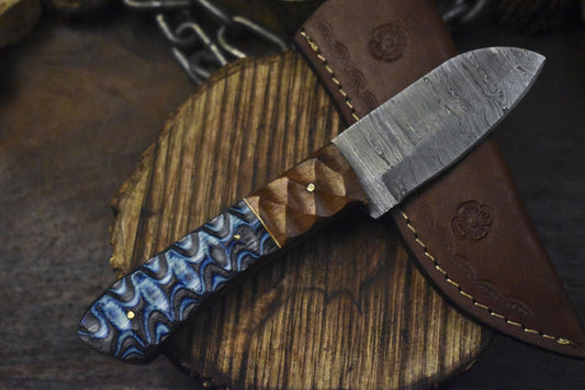 8" Handmade Twist Damascus Skinner Knife with Hardwood Handle and Survival Design