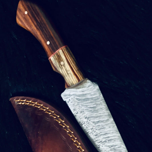 8" Heritage Forge Twist Damascus Bowie Knife – Bone & Wood Handle with Leather Sheath