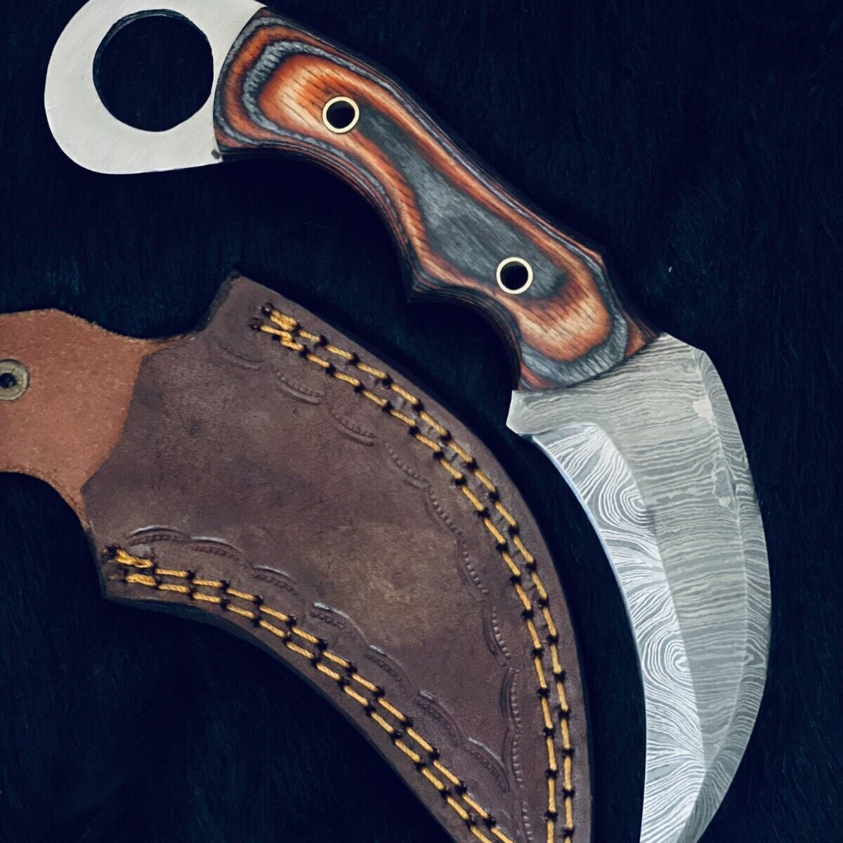 8" Heritage Forge Twist Damascus Karambit Knife – Bone & Wood Handle with Sheath
