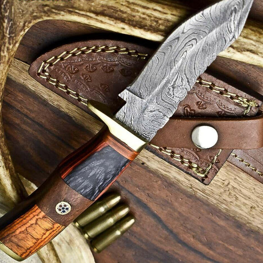8 Inch Custom Damascus Hunting Knife with Hardwood Handle